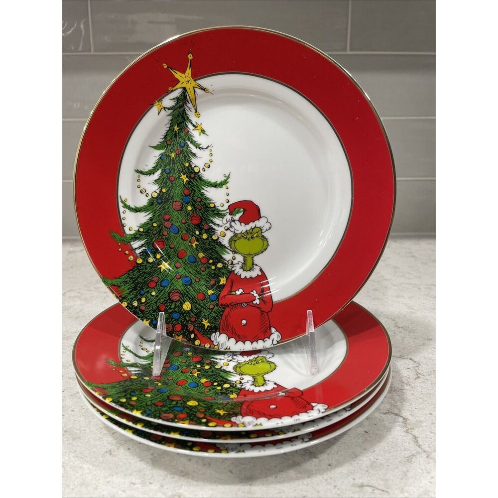 Set of 4 GRINCH TREE 8” Salad Dessert Side Plates Gold Rim Christmas Ceramic RED